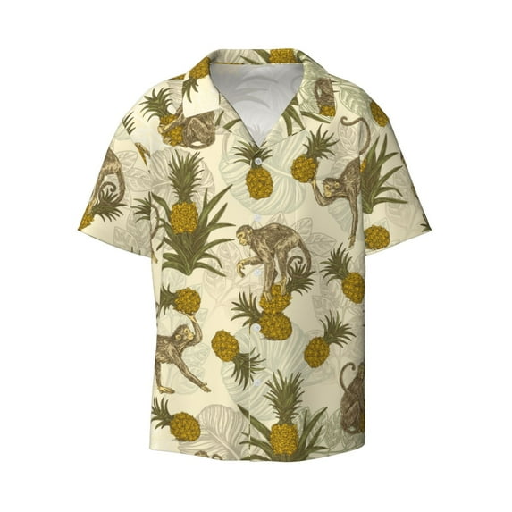 Disketp Men's Hawaiian Monkeys and Pinealpples Print Shirts Button Down Holiday Beach Shirts-Large
