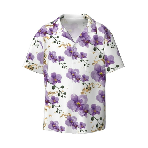 Disketp Men's Hawaiian Orchids Flowers Print Shirts Button Down Holiday Beach Shirts-Large