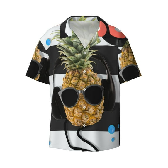 Disketp Men's Hawaiian Pineapple With Black Glasses Print Shirts Button Down Holiday Beach Shirts-X-Large