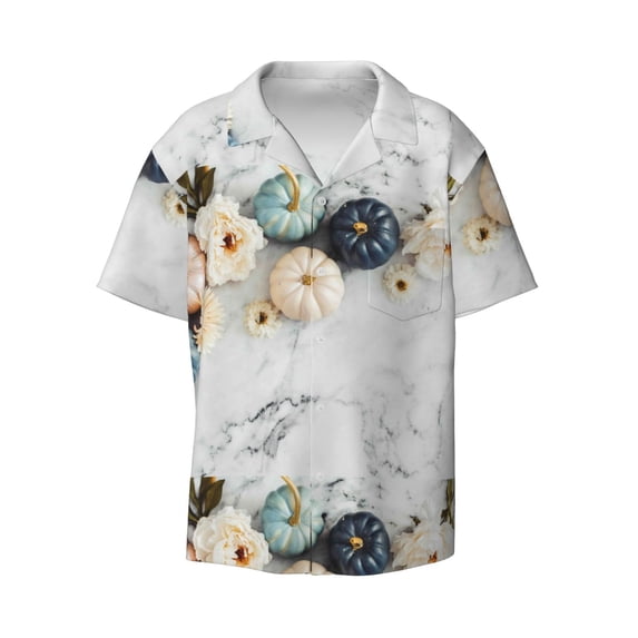 Disketp Men's Hawaiian Pumpkin And White Marble Print Shirts Button Down Holiday Beach Shirts-X-Large
