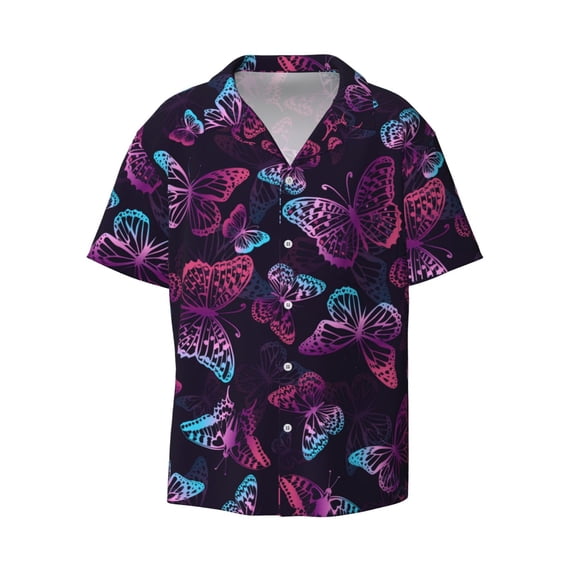 Disketp Men's Hawaiian Purple Butterfly Print Shirts Button Down Holiday Beach Shirts-3X-Large