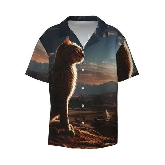 Disketp Men's Hawaiian Pyramid Desert Cat Print Shirts Button Down Holiday Beach Shirts-4X-Large