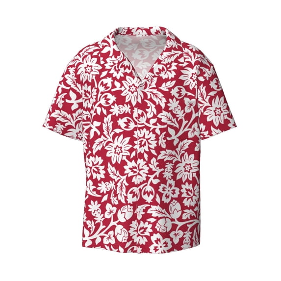 Disketp Men's Hawaiian Red Flowers Print Shirts Button Down Holiday Beach Shirts-Large