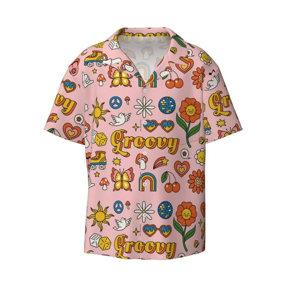 Disketp Men's Hawaiian Retro 70s Hippie Print Shirts Button Down Holiday Beach Shirts-Small