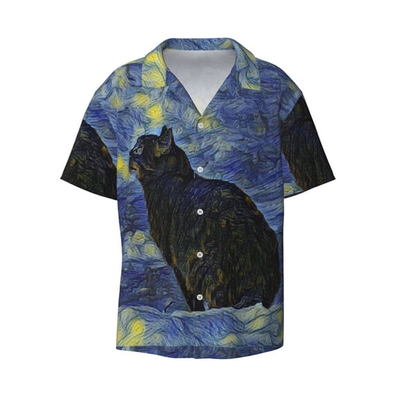 Disketp Men's Hawaiian Shambhala Cat Print Shirts Button Down Holiday Beach Shirts-X-Large