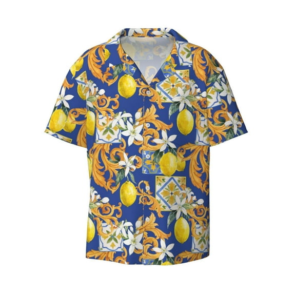 Disketp Men's Hawaiian Sicilian Style Print Shirts Button Down Holiday Beach Shirts-3X-Large