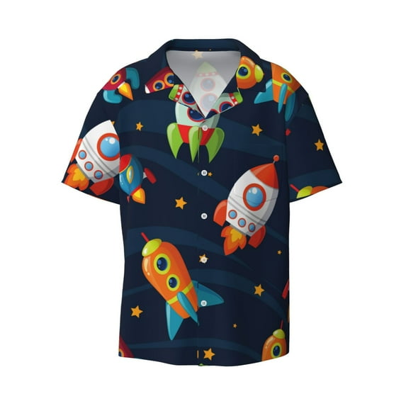 Disketp Men's Hawaiian Spaceships and Stars Print Shirts Button Down Holiday Beach Shirts-3X-Large