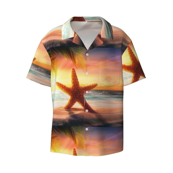 Disketp Men's Hawaiian Starfish Sunset Sea Beach Print Shirts Button Down Holiday Beach Shirts-X-Large