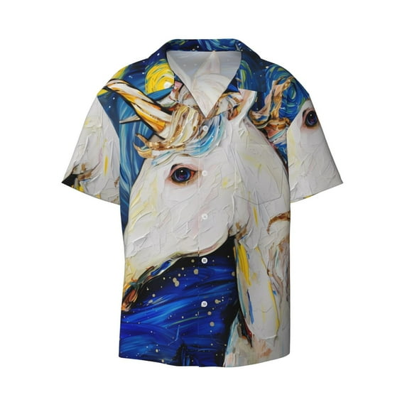 Disketp Men's Hawaiian Starry White Horse Print Shirts Button Down Holiday Beach Shirts-3X-Large