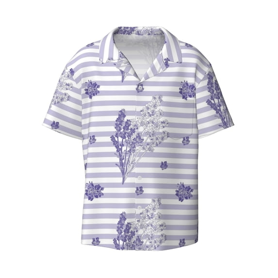 Disketp Men's Hawaiian Stripes and Sprigs of Lavender Print Shirts Button Down Holiday Beach Shirts-Small
