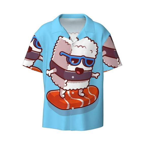 Disketp Men's Hawaiian Sushi Salmon Surfing Print Shirts Button Down Holiday Beach Shirts-Large