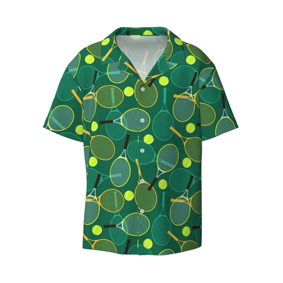 Disketp Men's Hawaiian Tennis Rackets and Balls Print Shirts Button Down Holiday Beach Shirts-4X-Large