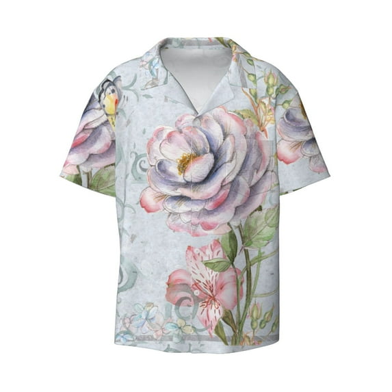 Disketp Men's Hawaiian Vintage Rose Print Shirts Button Down Holiday Beach Shirts-3X-Large