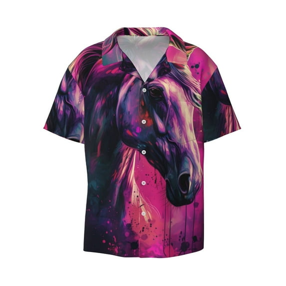Disketp Men's Hawaiian Watercolor Painting White Horse Print Shirts Button Down Holiday Beach Shirts-XX-Large
