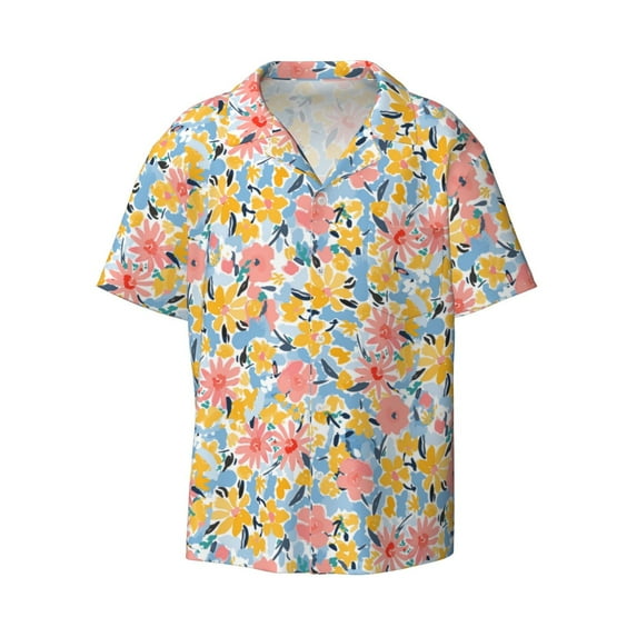 Disketp Men's Hawaiian Watercolor Wildflowers Print Shirts Button Down Holiday Beach Shirts-XX-Large