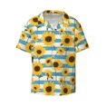 Disketp Men's Hawaiian White Blue Striped Sunflower Print Shirts Button