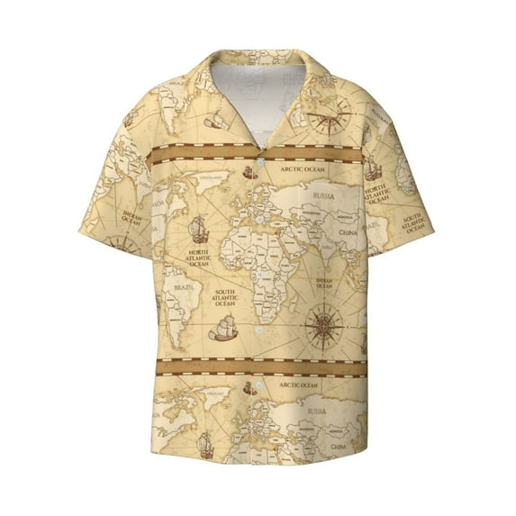 Disketp Men's Hawaiian World Map Print Shirts Button Down Holiday Beach Shirts-4X-Large