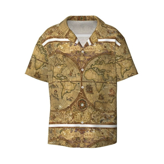 Disketp Men's Hawaiian World Map1 Print Shirts Button Down Holiday Beach Shirts-X-Large