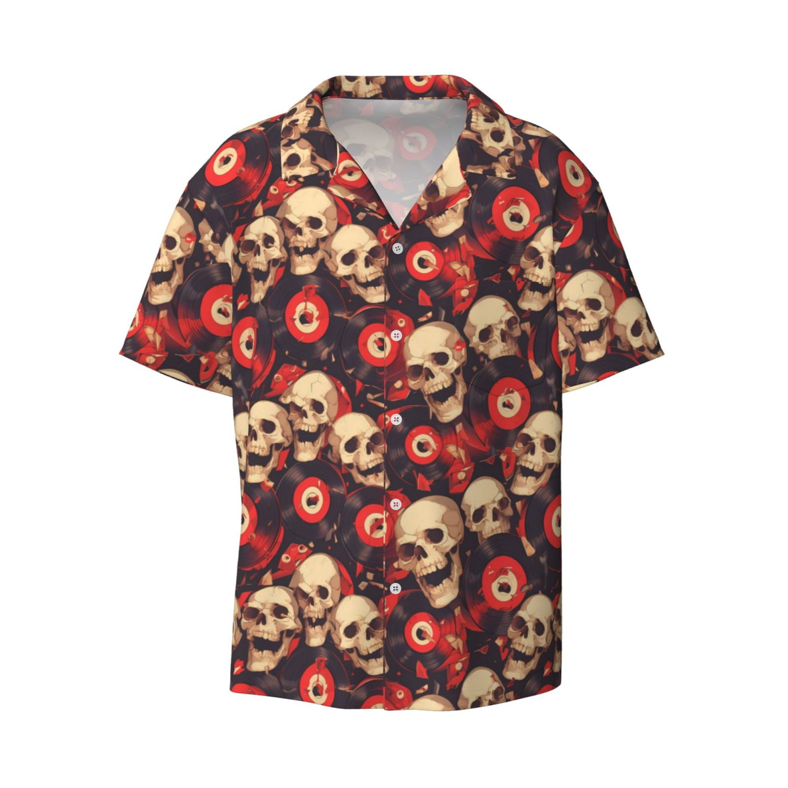 Disketp Men's Hawaiian record Skull rock Print Shirts Button Down