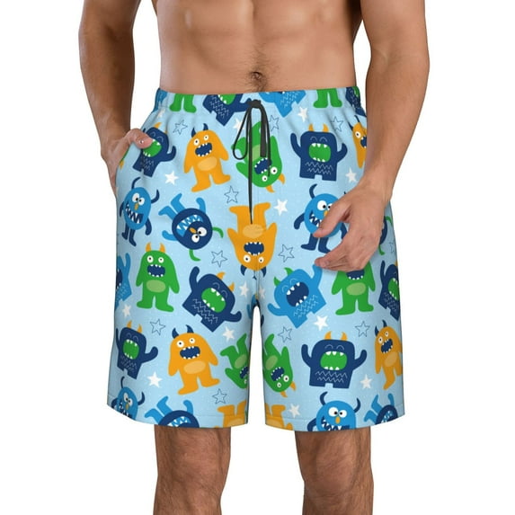 Disketp Men's Swim Trunks Hawaiian Breathable Surf Beach Swimsuits Mesh Lining Beach Shorts with Pockets-Cartoon Monster