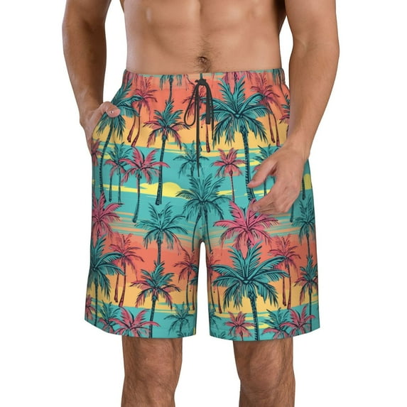 Disketp Men's Swim Trunks Hawaiian Breathable Surf Beach Swimsuits Mesh Lining Beach Shorts with Pockets-Hawaii Palms