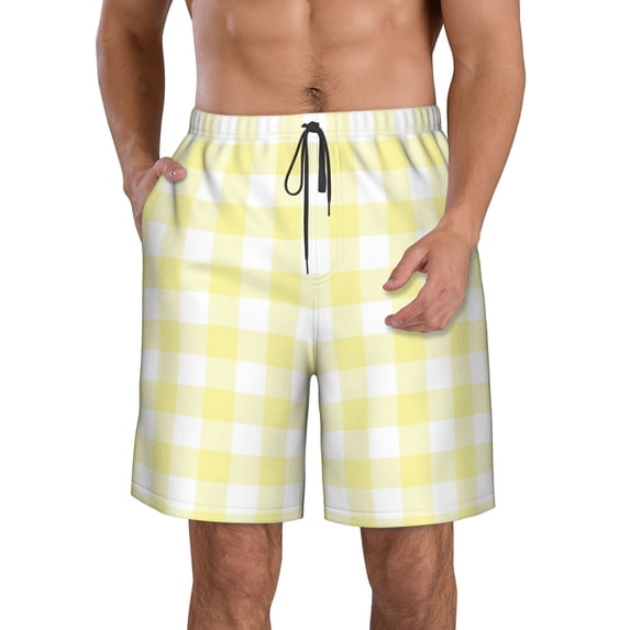 Disketp Men's Swim Trunks Hawaiian Breathable Surf Beach Swimsuits Mesh Lining Beach Shorts with Pockets-Lemon Yellow Checkboard