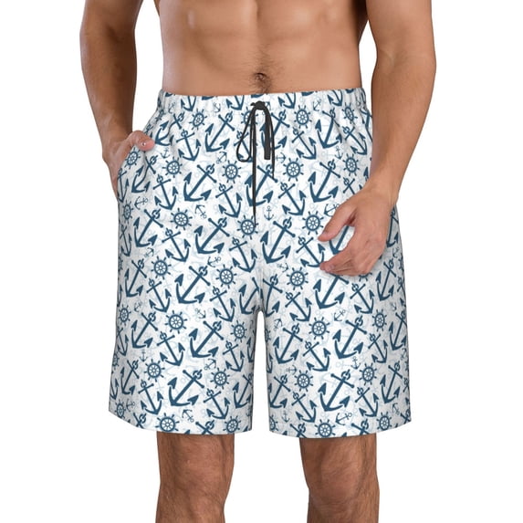 Disketp Men's Swim Trunks Hawaiian Breathable Surf Beach Swimsuits Mesh Lining Beach Shorts with Pockets-Nautical Theme Anchors