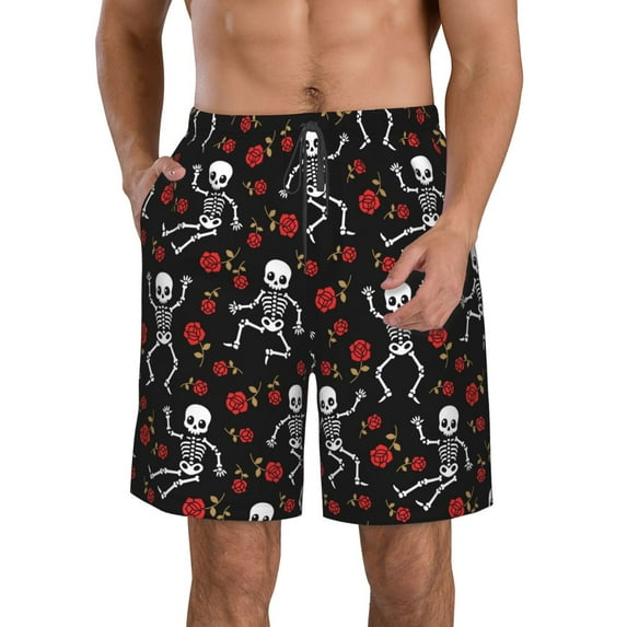 Disketp Men's Swim Trunks Hawaiian Breathable Surf Beach Swimsuits Mesh Lining Beach Shorts with Pockets-Skeleton with Roses