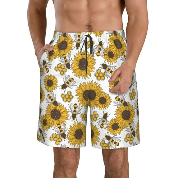 Disketp Men's Swim Trunks Hawaiian Breathable Surf Beach Swimsuits Mesh Lining Beach Shorts with Pockets-Sunflowers and Bees