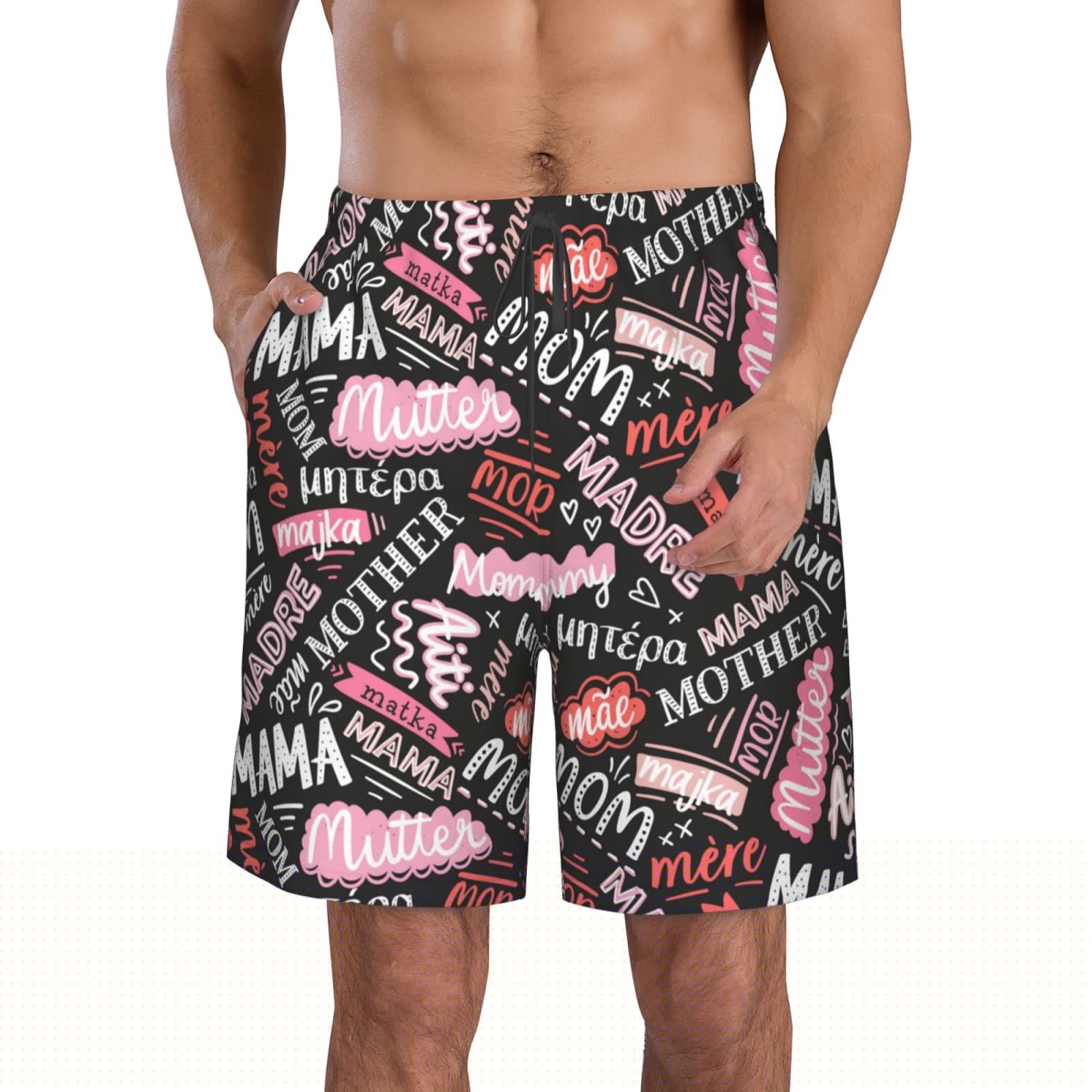 Disketp Men's Swim Trunks Hawaiian Breathable Surf Beach Swimsuits Mesh Lining Beach Shorts with Pockets-Various Languages Mother