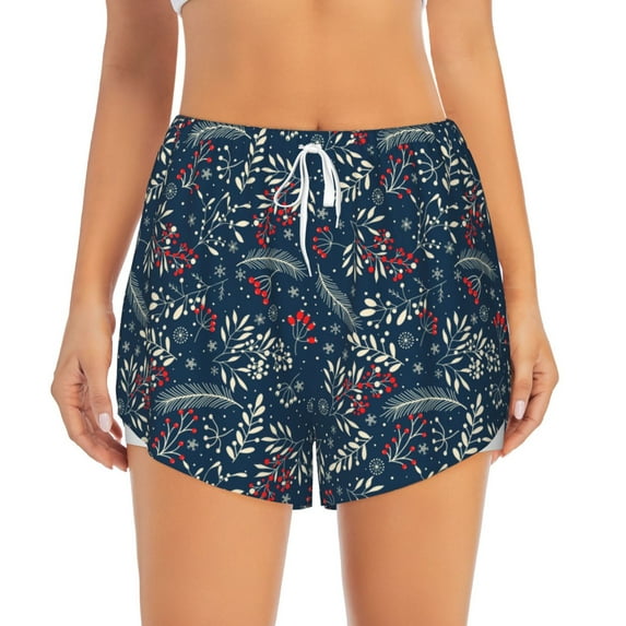 Disketp Merry Christmas Winter Leaves Snowflakes Print Women's Shorts Workout Shorts for Athletic Gym Running Shorts with Phone Pockets Small