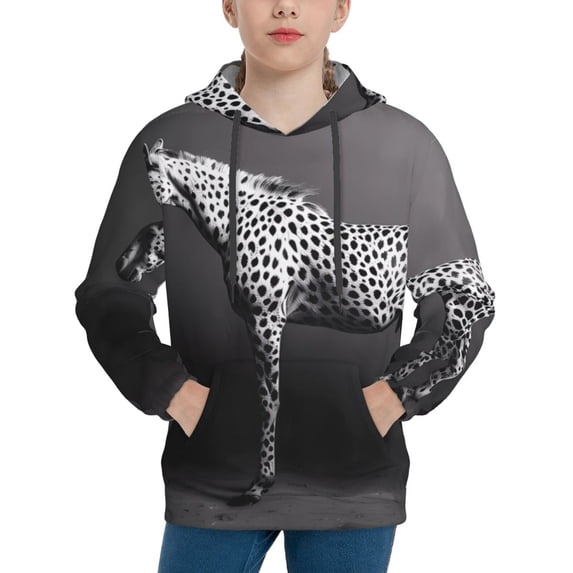 Disketp Monochrome Leopard Horse Youth Hoodie Sweatshirt for Boys Girls Kids Pullover Hooded Classic Casual Essentials Hoodie-Medium