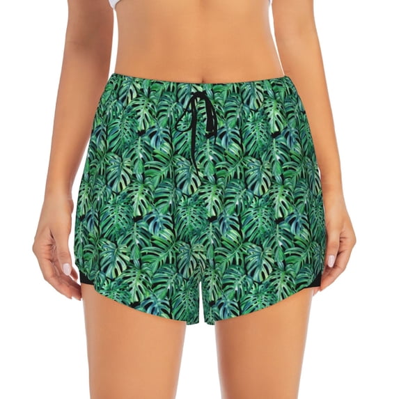Disketp Monstera Leaves Print Women's Shorts Workout Shorts for Athletic Gym Running Shorts with Phone Pockets X-Large