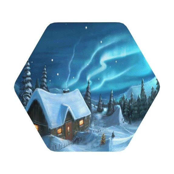 Disketp Mountain Cottage In Snow Funny Coasters,6 Pcs Leather Coasters With Holder, Perfect Housewarming Hostess Gifts,Protect Furniture From Water Marks Scratch And Damage