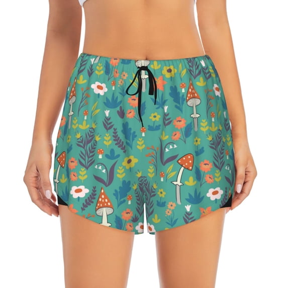 Disketp Mushrooms and Flowers Print Women's Shorts Workout Shorts for Athletic Gym Running Shorts with Phone Pockets
