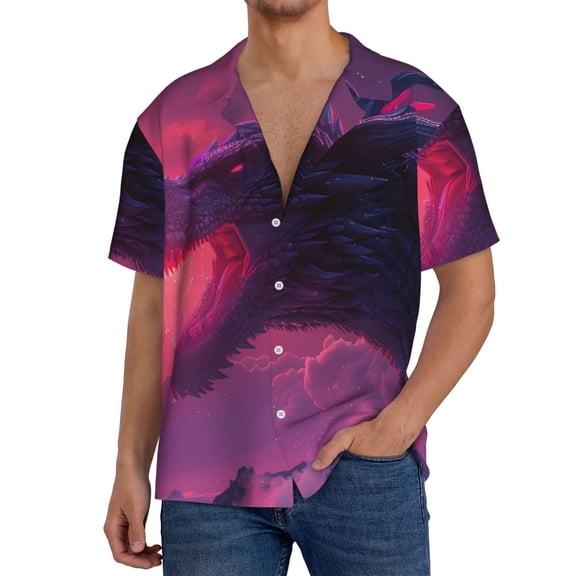 Disketp Mystical Dragon Under Moon Men's Hawaiian, Shirts Button Down Holiday Beach Shirts-{sizeName}-Small
