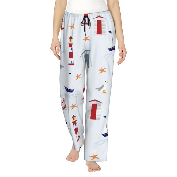 Disketp Nautical Lighthouse Sailboat Print Women'S Comfy Pajama Pants Casual Drawstring Palazzo Lounge Wide Leg Pants
