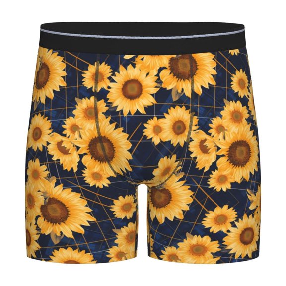 Disketp Navy Blue Plaid Sunflower Men's Boxer Briefs Men’s Underwear Boxer Briefs for Men