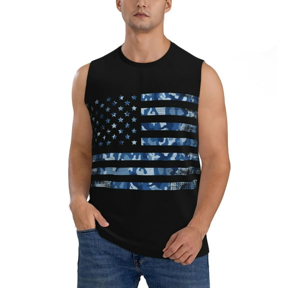 Disketp Navy Camouflage American Flag Sleeveless Tshirts For Men, Muscle Shirts For Men Dry Fit Tank Top-Small