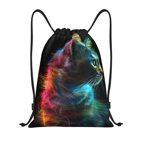 Disketp Neon Spectrum Cat Portrait Drawstring Backpack Drawstring Gym Bags Draw String Bags for Sports, Gym, Travel, Swimming, Beach-Small