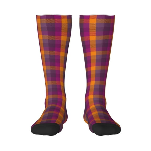 Disketp Orange and Purple Plaid Print Unisex Contrast Color Stockings Lightweight Breathable Ventilation Ankle Contrast Color Stockings, Contrast Color Stockings for Daily