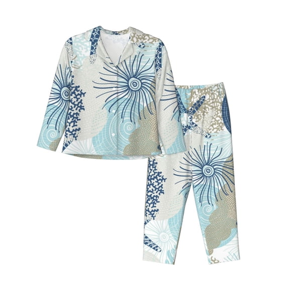 Disketp Pajamas Set Long Sleeve Sleepwear Womens Button Down Nightwear Pj Sets-Algae Corals And Seashells