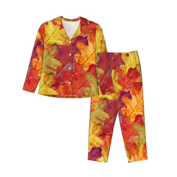Disketp Pajamas Set Long Sleeve Sleepwear Womens Button Down Nightwear Pj Sets-Autumn Leaves
