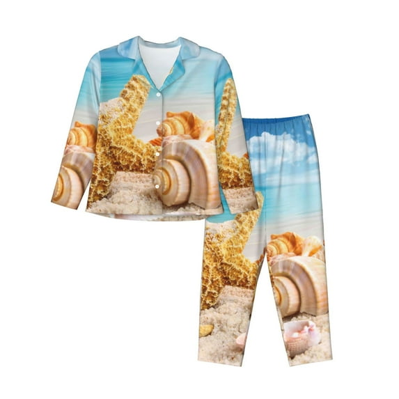 Disketp Pajamas Set Long Sleeve Sleepwear Womens Button Down Nightwear Pj Sets-Beach Starfish Shell