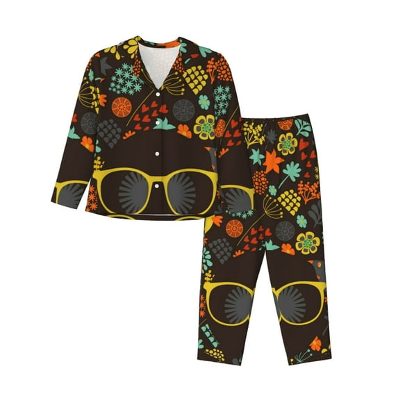 Disketp Pajamas Set Long Sleeve Sleepwear Womens Button Down Nightwear Pj Sets-Black Head Woman With Birds Hair
