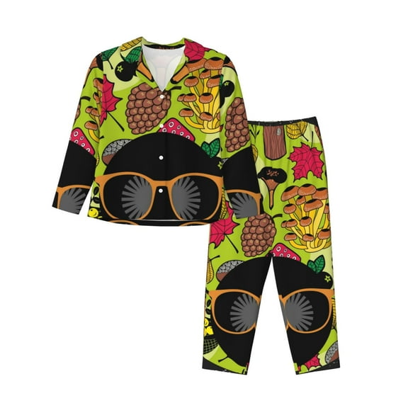 Disketp Pajamas Set Long Sleeve Sleepwear Womens Button Down Nightwear Pj Sets-Black Head Woman With Mushroom Hair