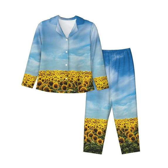 Disketp Pajamas Set Long Sleeve Sleepwear Womens Button Down Nightwear Pj Sets-Blooming Sunflower Field