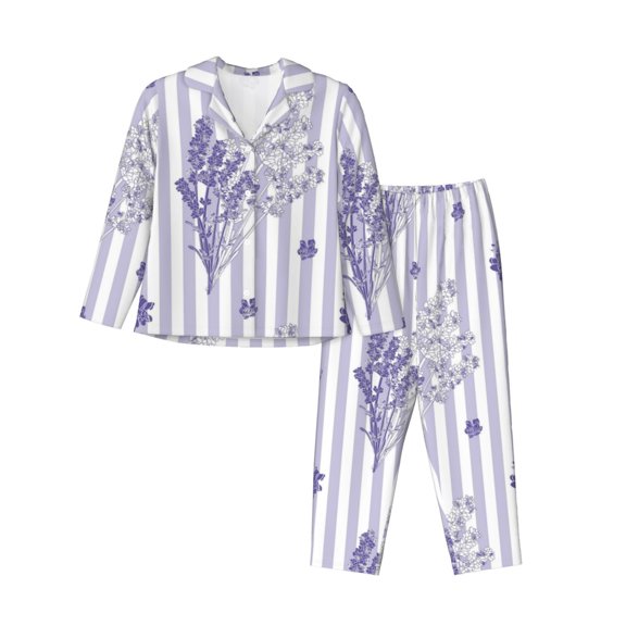 Disketp Pajamas Set Long Sleeve Sleepwear Womens Button Down Nightwear Pj Sets-Bouquet And Lavender Flowers