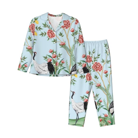 Disketp Pajamas Set Long Sleeve Sleepwear Womens Button Down Nightwear Pj Sets-Chinoiserie Floral Palm Tree