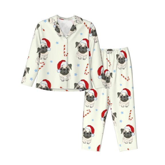 Disketp Pajamas Set Long Sleeve Sleepwear Womens Button Down Nightwear Pj Sets-Christmas Pug Dog